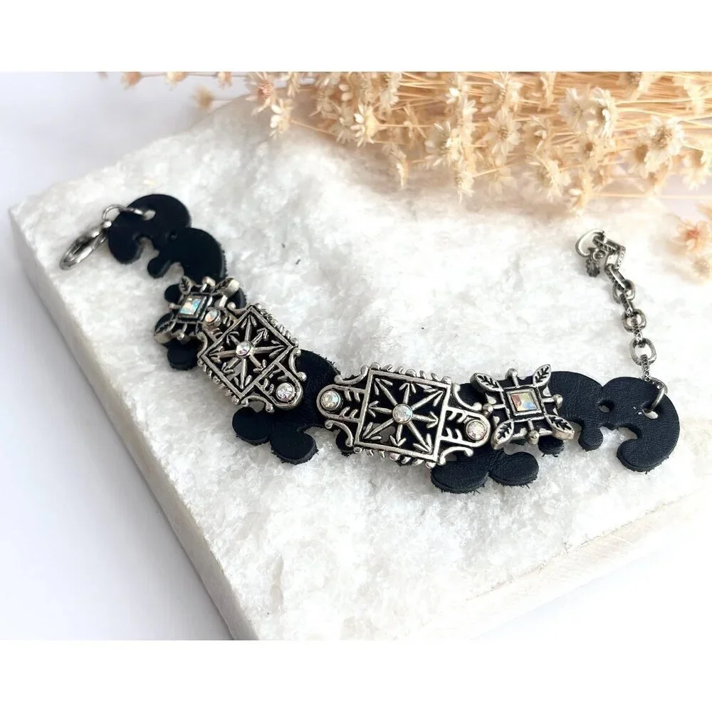 Faux Black Leather Boho Gemstone Silver T Adjustable Vintage Bracelet - 7